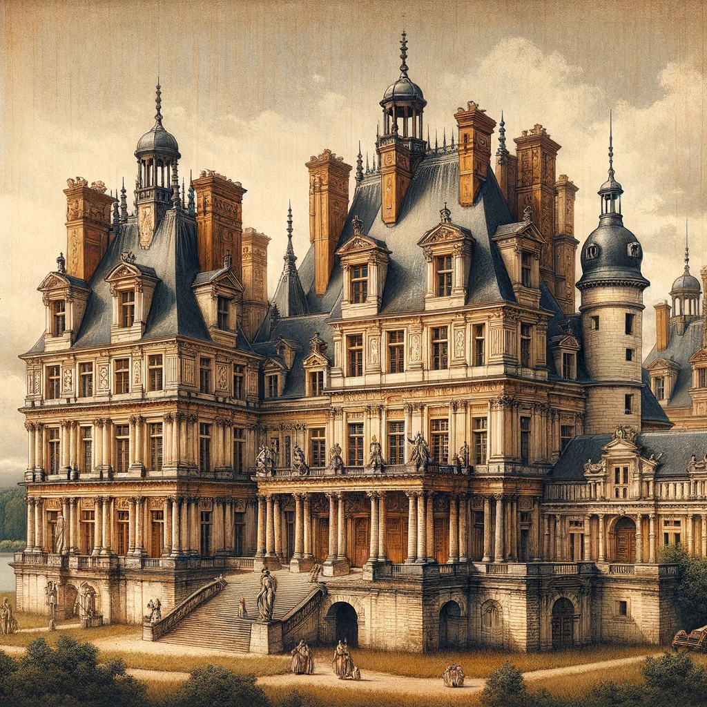 DALL·E 2024 01 24 14.37.24 An artistic representation of Renaissance architecture in France heavily influenced by the Italian Renaissance but uniquely adapted by French archite