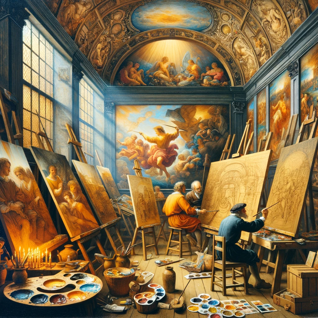 Un estudio de artista mostrando la innovacion tecnica en el arte del Renacimiento holandes con un enfoque en el uso de pinturas al oleo